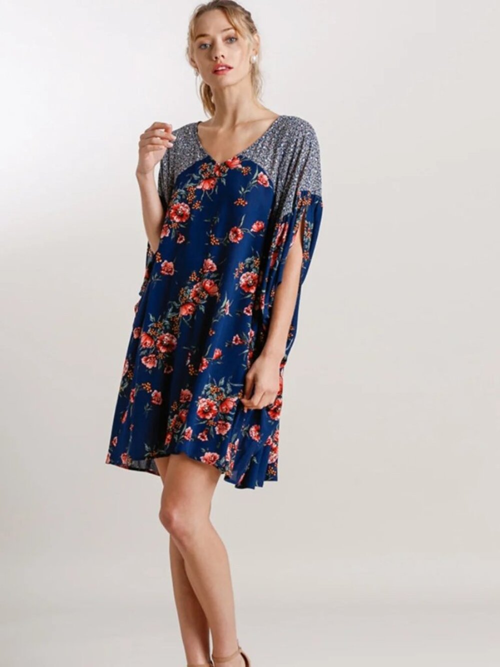 Umgee Navy Floral Dolman Batwing Mini Dress Boho Oversized NWT